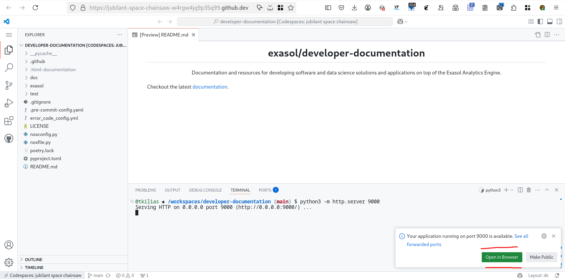Forward port on Codespace and open the served Documentation