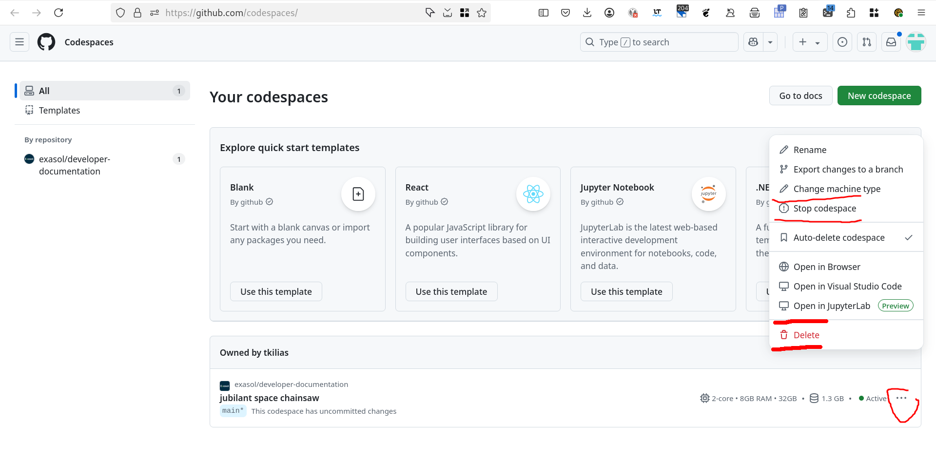 Stopping or deleting a Codespace